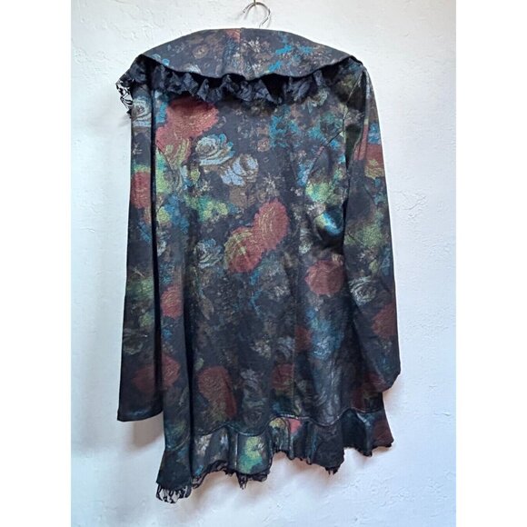 Italian Rossi Roma Womens Floral Lace Ruffle Trim Coat Jacket Black Silk Blend - Picture 2 of 9